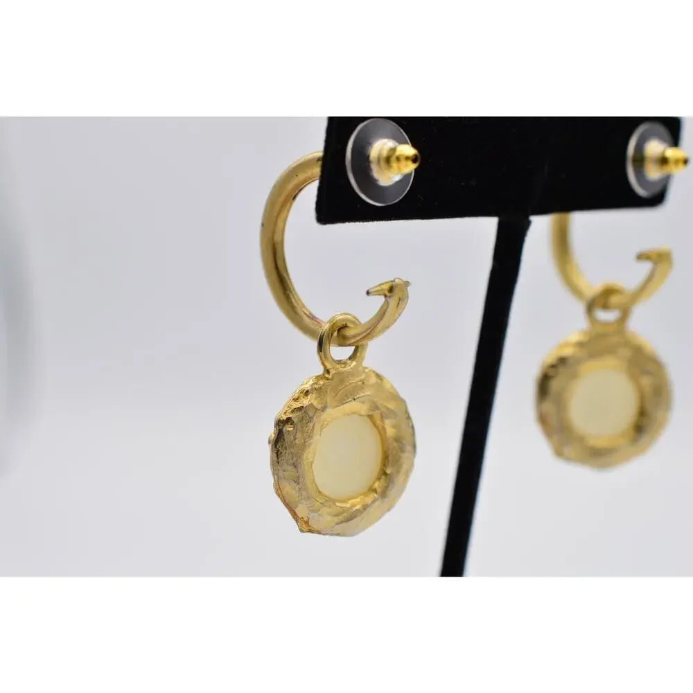 Vintage Cabochon Earrings Brushed Gold Dangle Frosted Milky Bead 1980s BinAA
